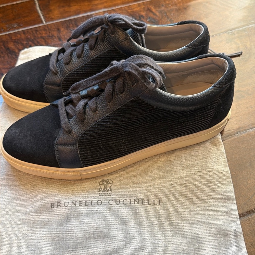 Men’s Brunello Cucinelli navy suede/courderoy/leather sneakers sz 43